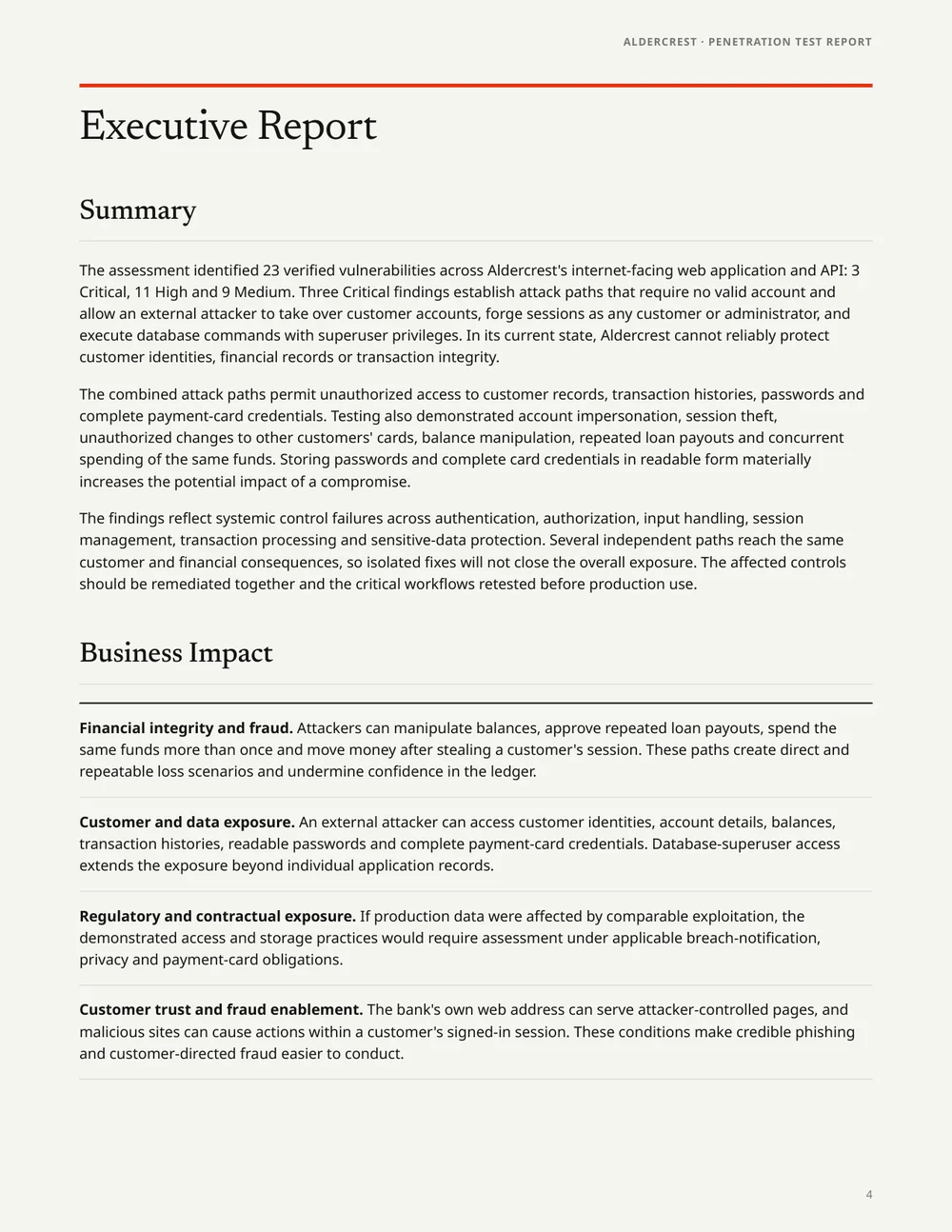 Executive report summary and business impact page