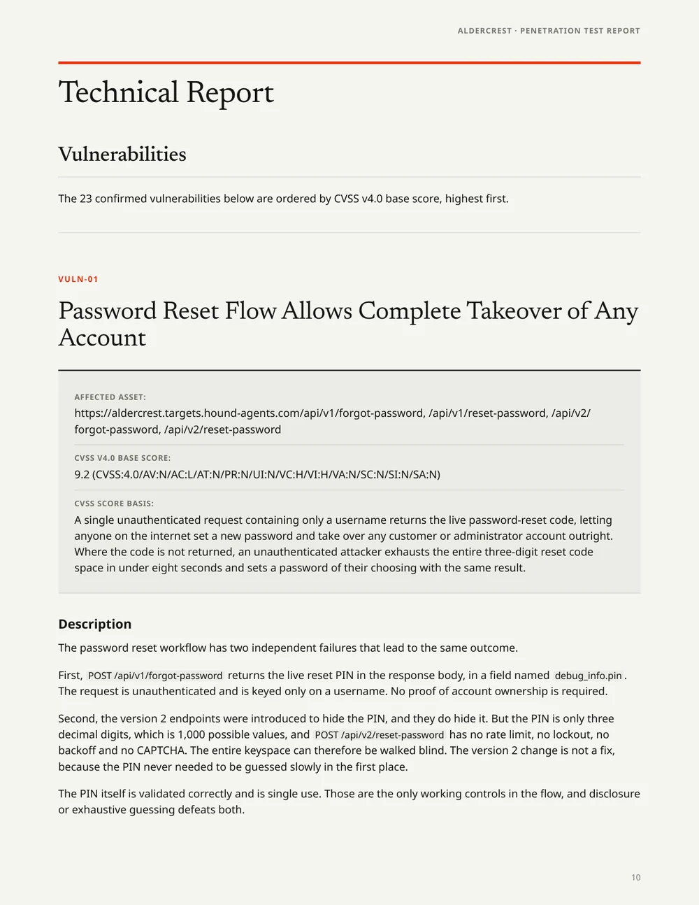 Technical report page showing a verified password reset finding