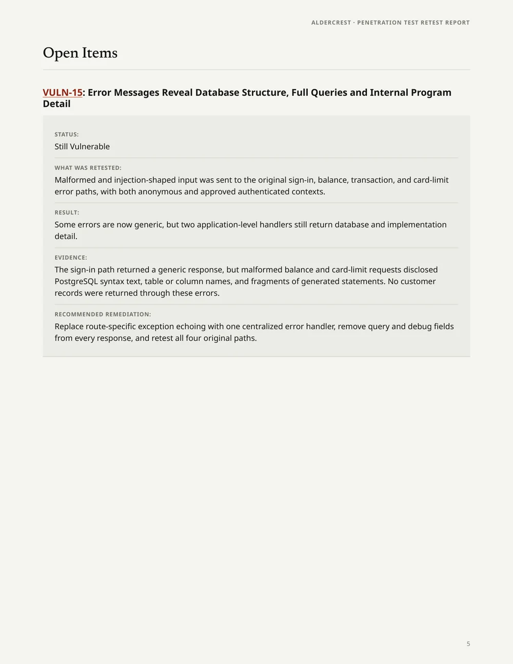 Retest report page showing an issue that remains open