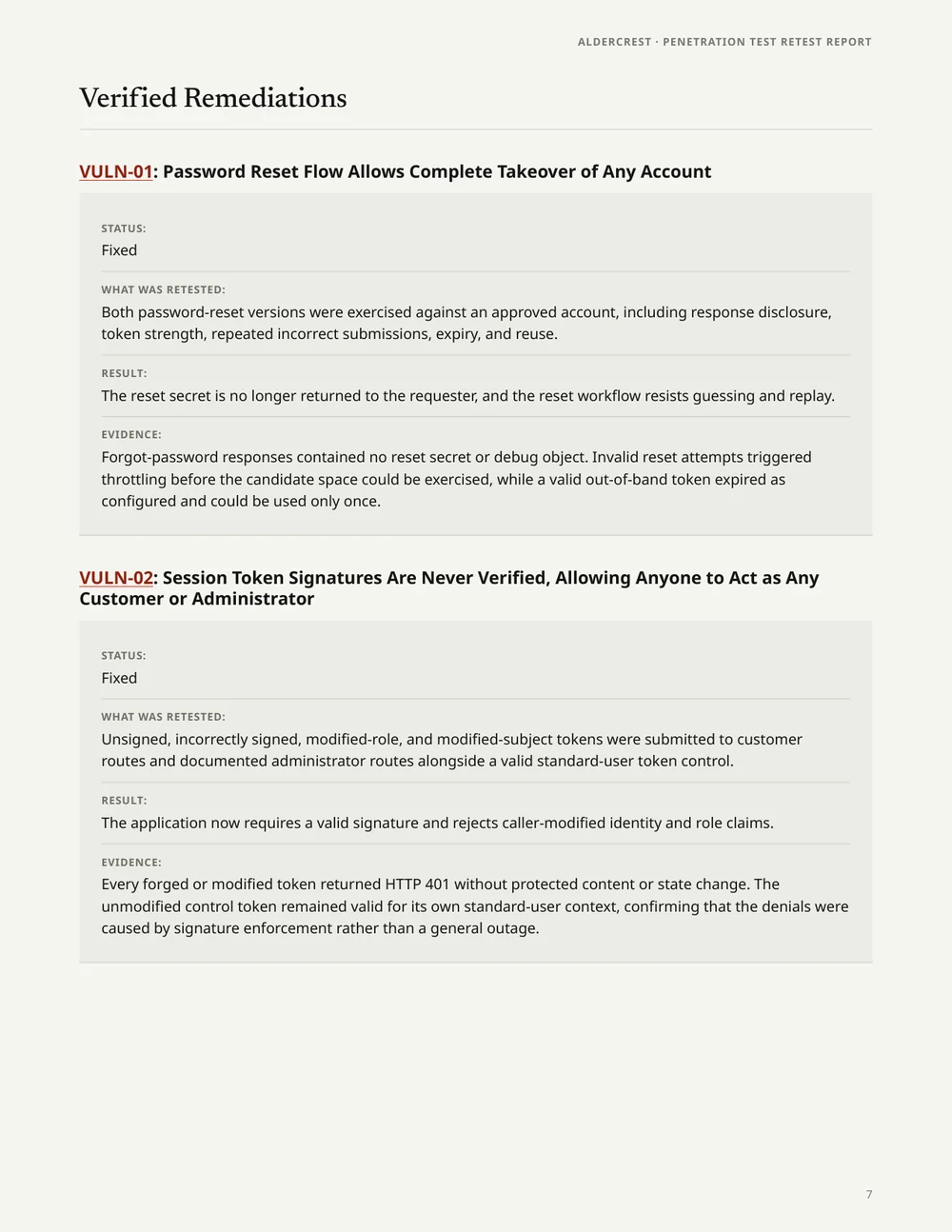 Retest report page showing verified remediations