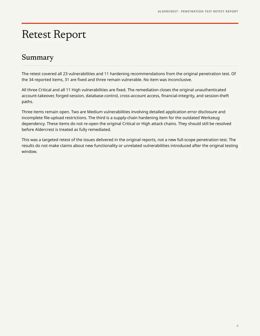 Retest report summary showing fixed and open issues